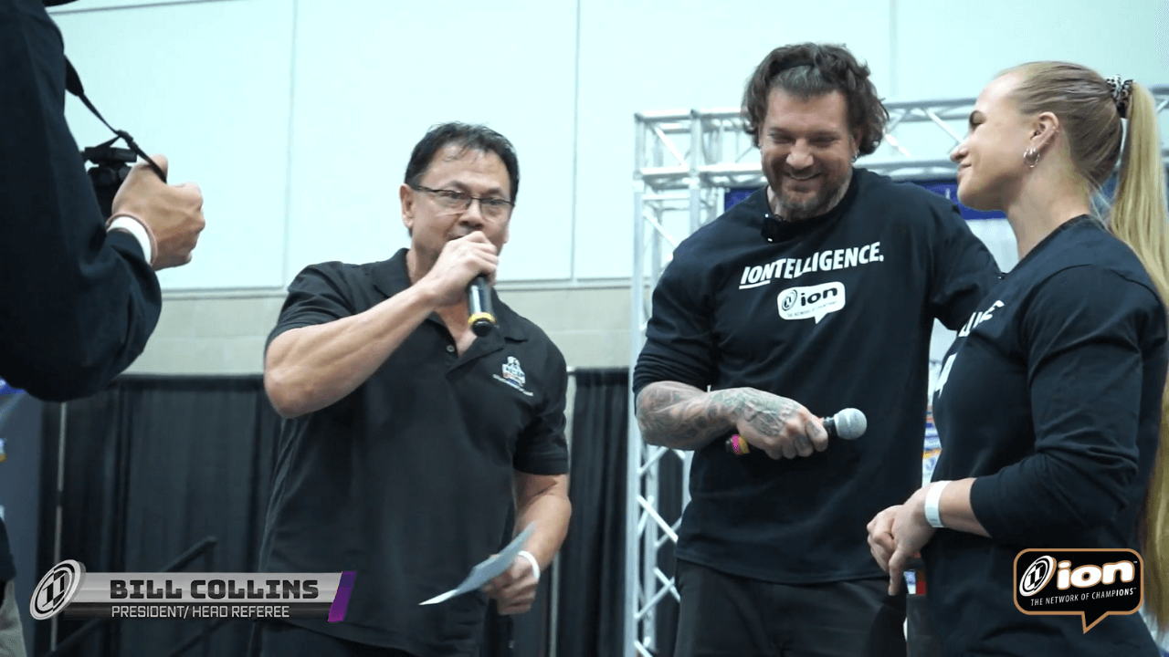 ION ArmWrestling - UAL President and World Class ArmWrestling Referee Bill Collins with Sarah Backman