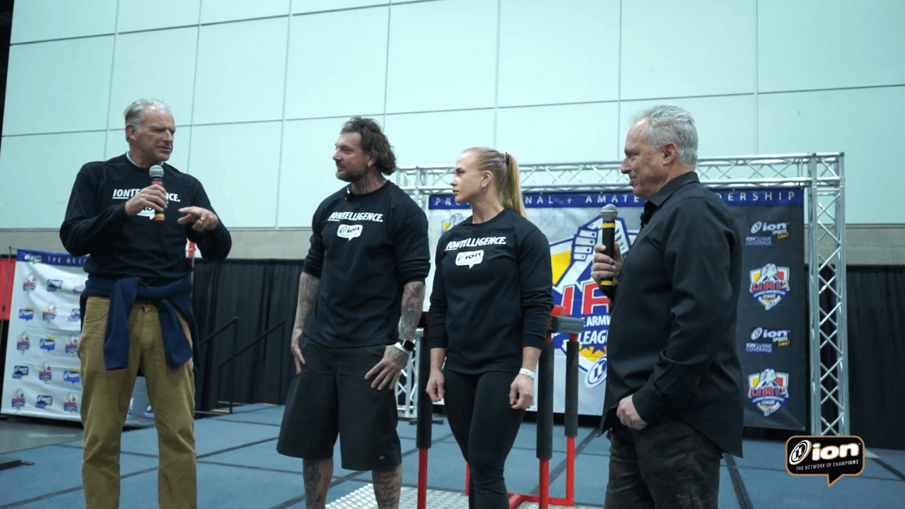 ION ArmWrestling - World Champion Sarah Backman teaches former Pro Beach Volleyball Star Bruk Vandeweghe a lesson on the ION Table